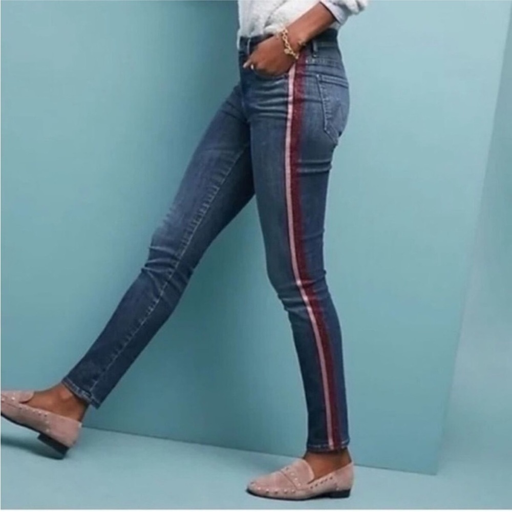 NWT MOTHER High Waisted Looker Jeans Here Kitty Kitty Glitter Racer Stripes 25